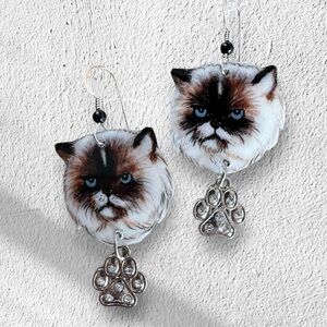 Persian cat handpainted Siamese long hair earrings original paw charm Sterling